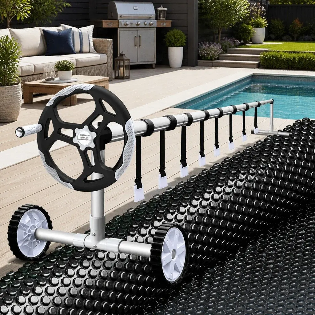 Solar Pool Cover 8.5x4.2m 600 Micron with Aluminium Roller 5.55m Blue Black Silver