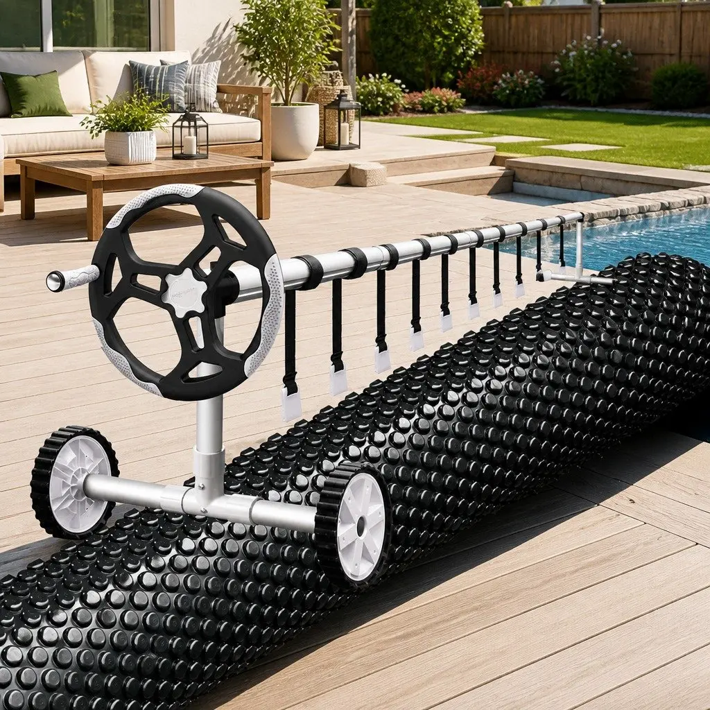 Solar Pool Cover 8.5x4.2m 600 Micron with Aluminium Roller 5.55m Blue Black Silver