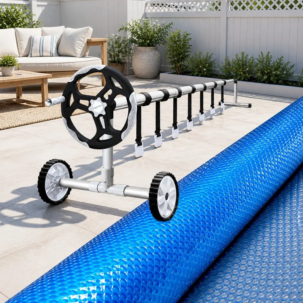 Pool Cover Solar Blanket Roller 500 Micron Adjustable Aluminium 8.5x4.2m Blue Silver for Protecting and Heating Swimming Pool