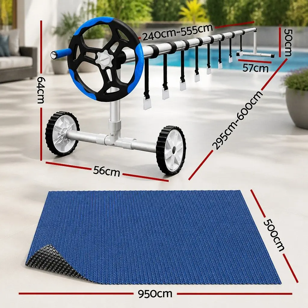 Solar Pool Cover 9.5m x 5m 600 Micron with Adjustable Aluminium Roller 5.55m Width Blue and Black