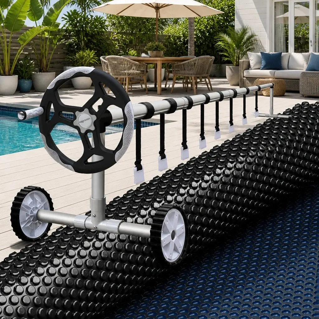 Solar Pool Cover with Aluminium Roller 9.5m x 5m 600 Micron Blue and Black for Pools Up to 5.55m Wide