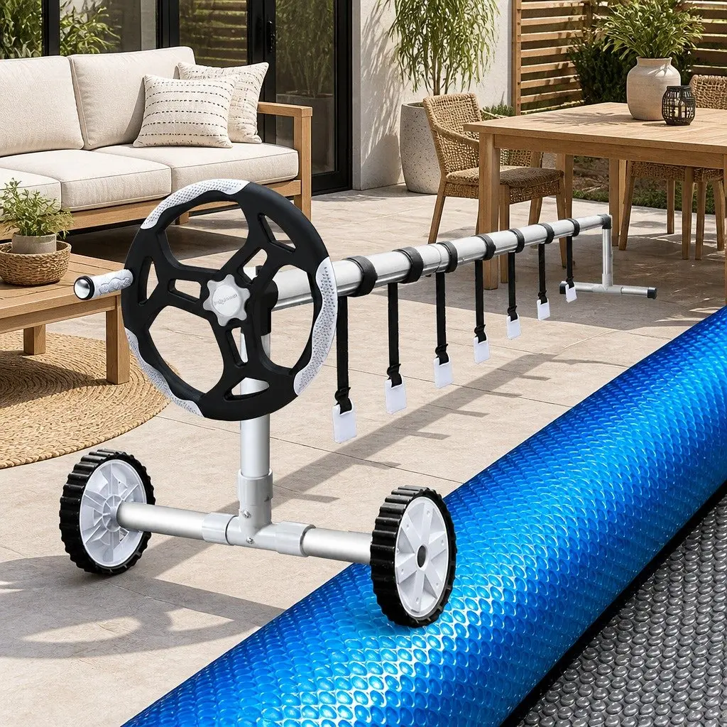 Pool Cover 500 Micron Solar Blanket 9.5x5m with Adjustable Aluminium Roller and Wheels
