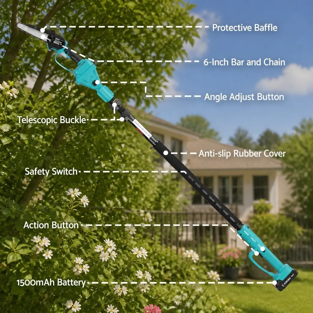 Cordless Electric Pole Chainsaw Telescopic 130 to 250cm 6 Inch Turquoise