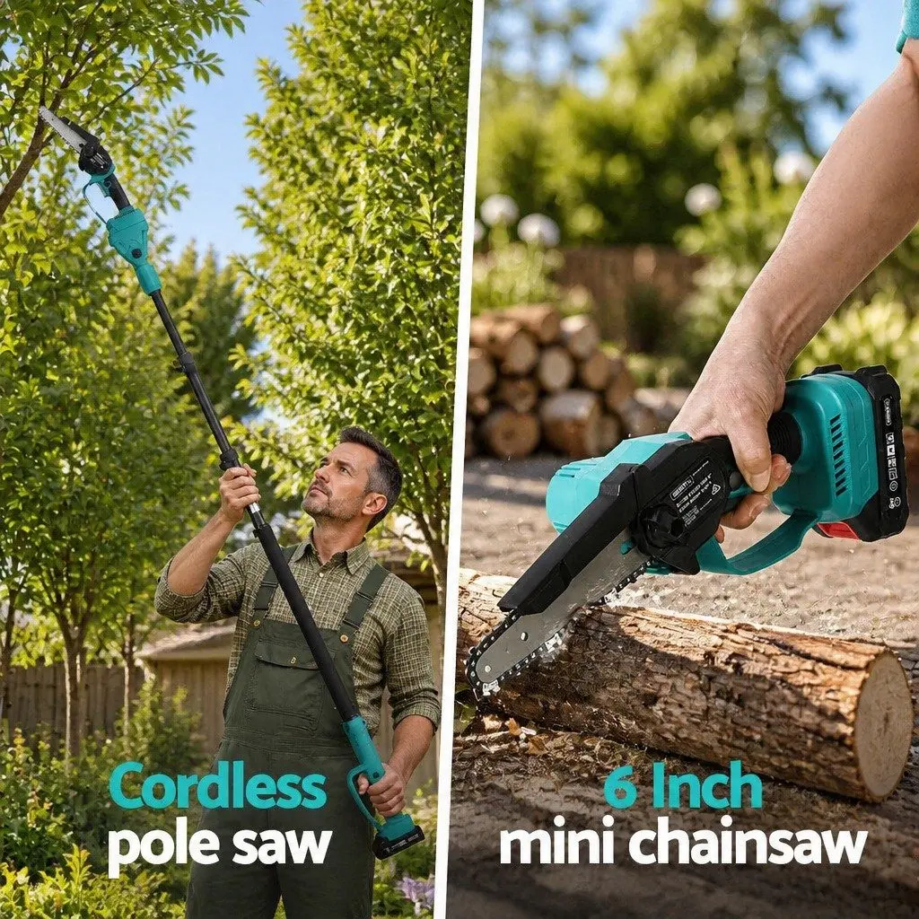 Cordless Electric Pole Chainsaw Telescopic 130 to 250cm 6 Inch Turquoise