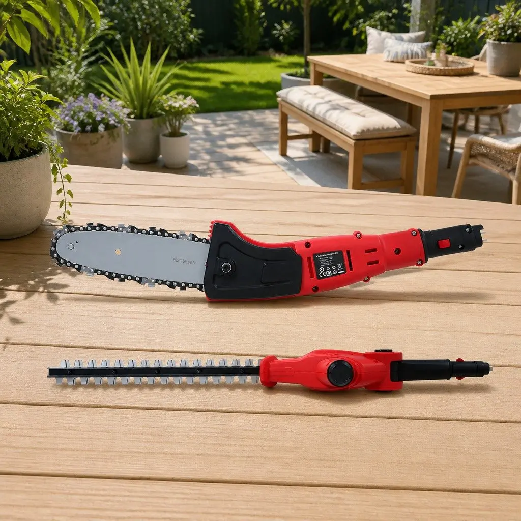 Cordless Chainsaw Trimmer 20V Lithium Battery 8 Inch Blade Aluminium Shaft Red 2.7m Reach