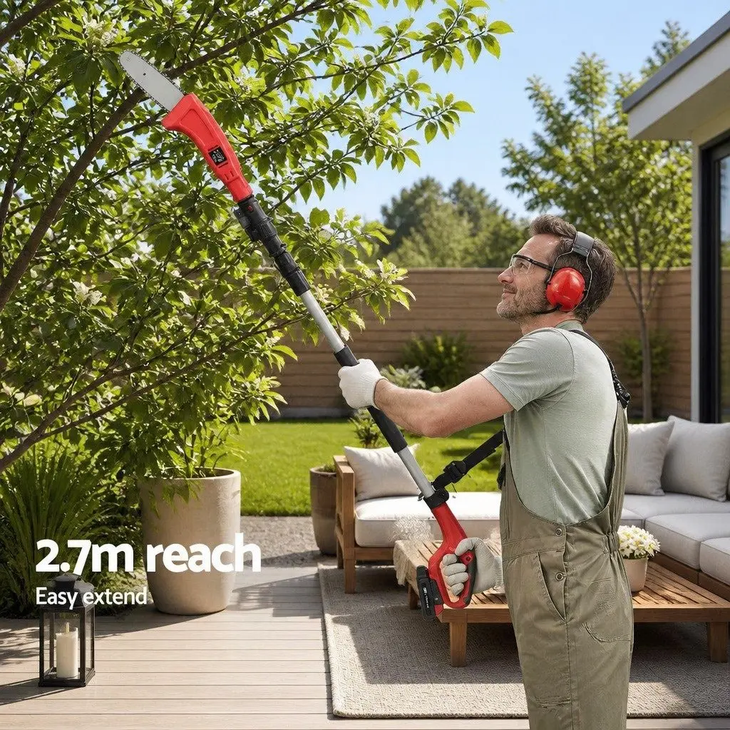 Cordless Pole Chainsaw Aluminium 8 Inch Bar Red 20V Lithium Battery Long Reach