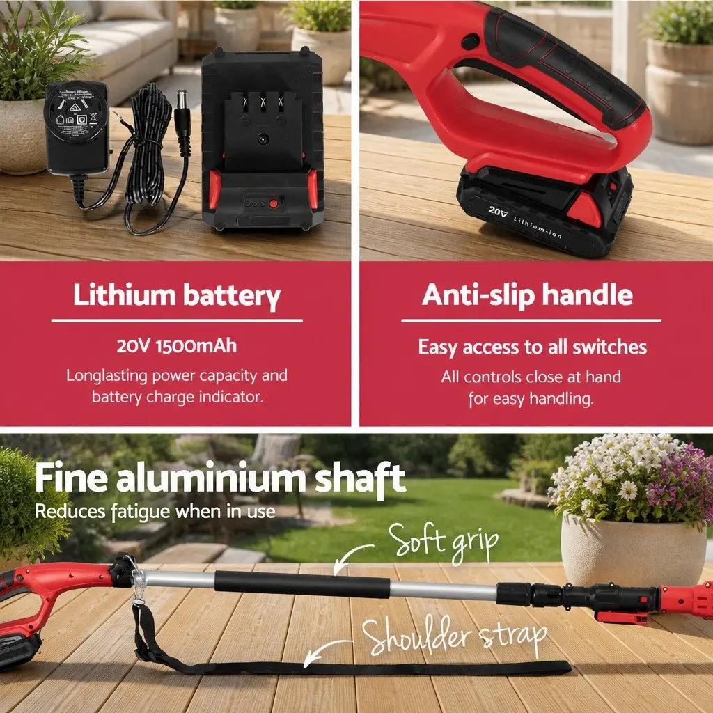 Cordless Pole Chainsaw Aluminium 8 Inch Bar Red 20V Lithium Battery Long Reach