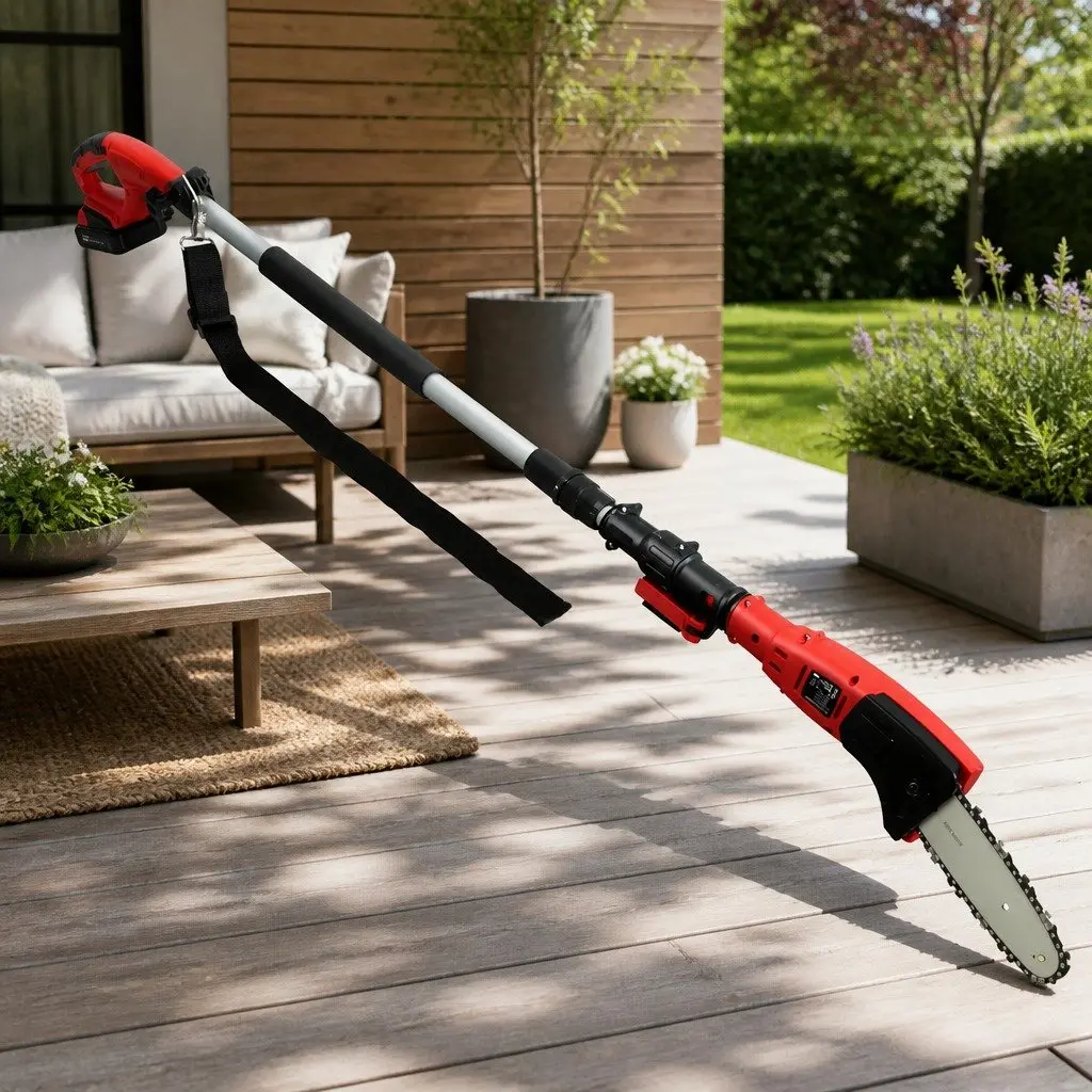 Cordless Pole Chainsaw Aluminium 8 Inch Bar Red 20V Lithium Battery Long Reach