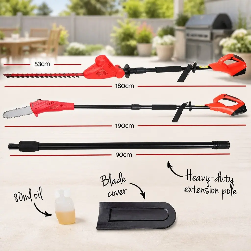 Cordless Pole Chainsaw and Hedge Trimmer 2in1 Aluminium 2.7m Red Black 8 Inch Chain Saw 20V Battery