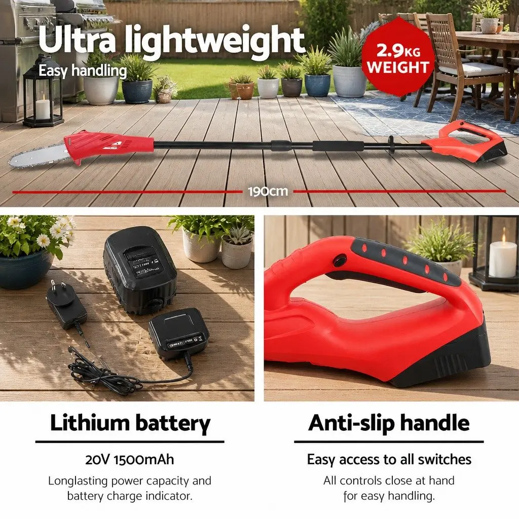Cordless Pole Chainsaw and Hedge Trimmer 2in1 Aluminium 2.7m Red Black 8 Inch Chain Saw 20V Battery
