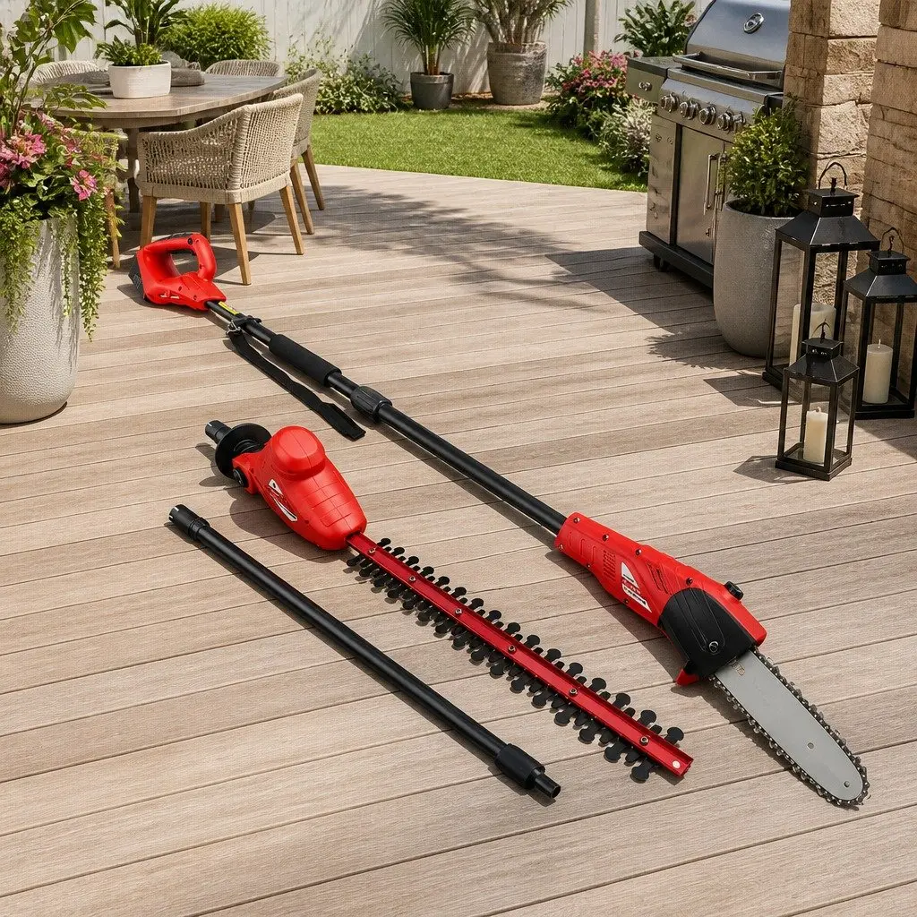 Cordless Pole Chainsaw and Hedge Trimmer 2in1 Aluminium 2.7m Red Black 8 Inch Chain Saw 20V Battery