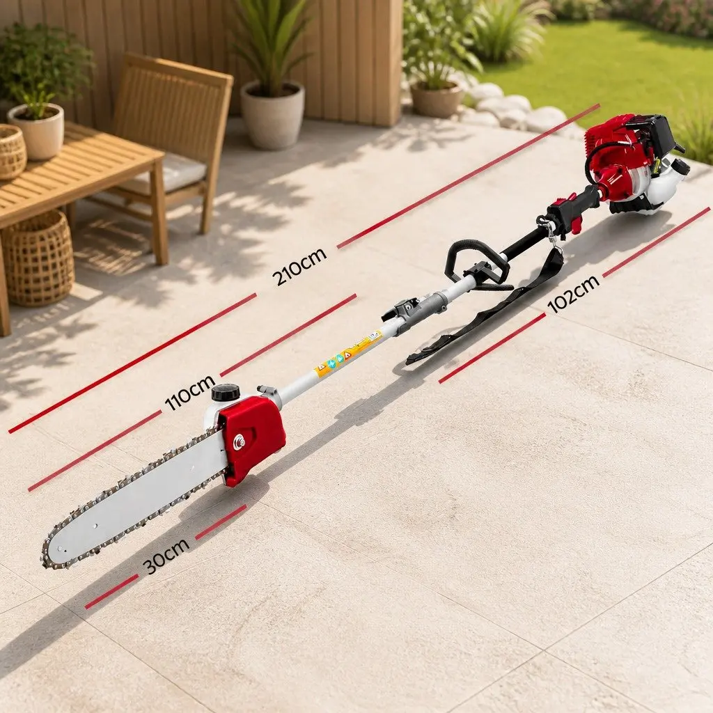 Pole Chainsaw 4 Stroke 31cc 12 Inch Red with 7 Attachments and Extension Poles