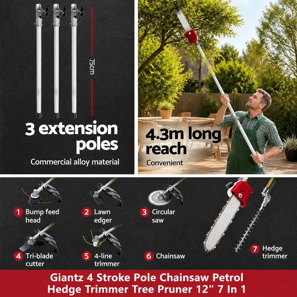 Pole Chainsaw 4 Stroke 31cc 12 Inch Red with 7 Attachments and Extension Poles