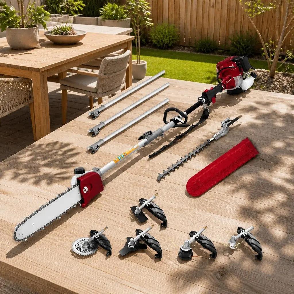 Pole Chainsaw 4 Stroke 31cc 12 Inch Red with 7 Attachments and Extension Poles