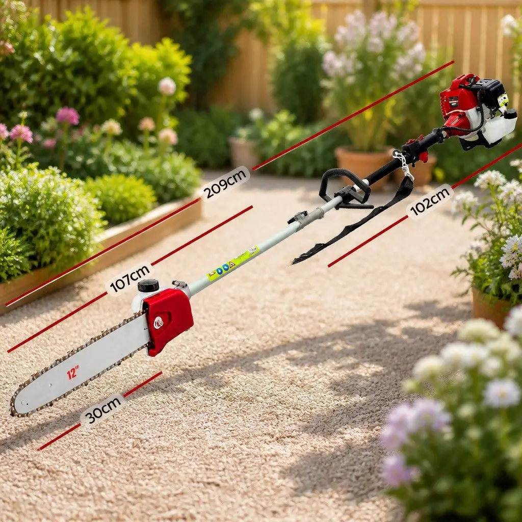 Pole Chainsaw 52cc Two Stroke Petrol 12 Inch Red 9 in 1 Long Reach Garden Tool