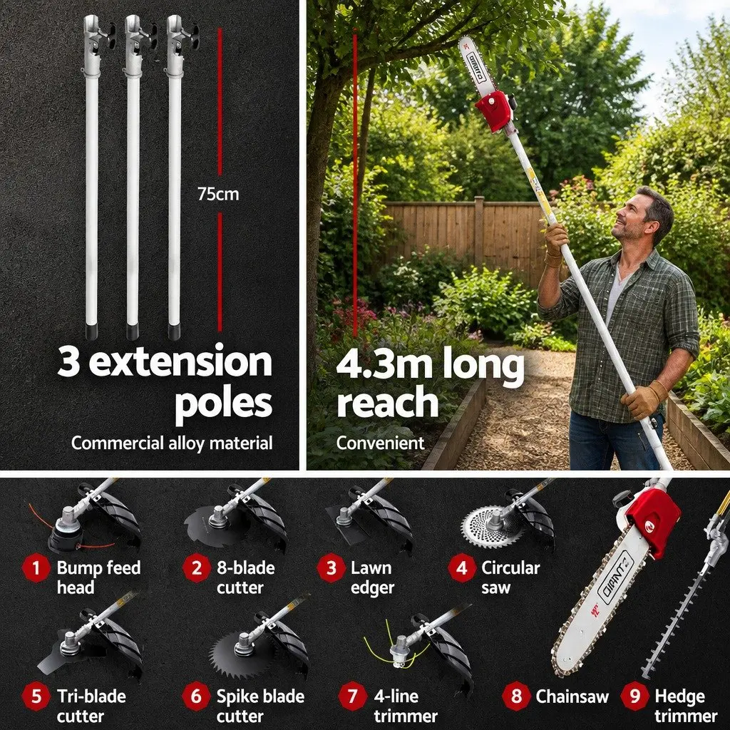 Pole Chainsaw 52cc Two Stroke Petrol 12 Inch Red 9 in 1 Long Reach Garden Tool