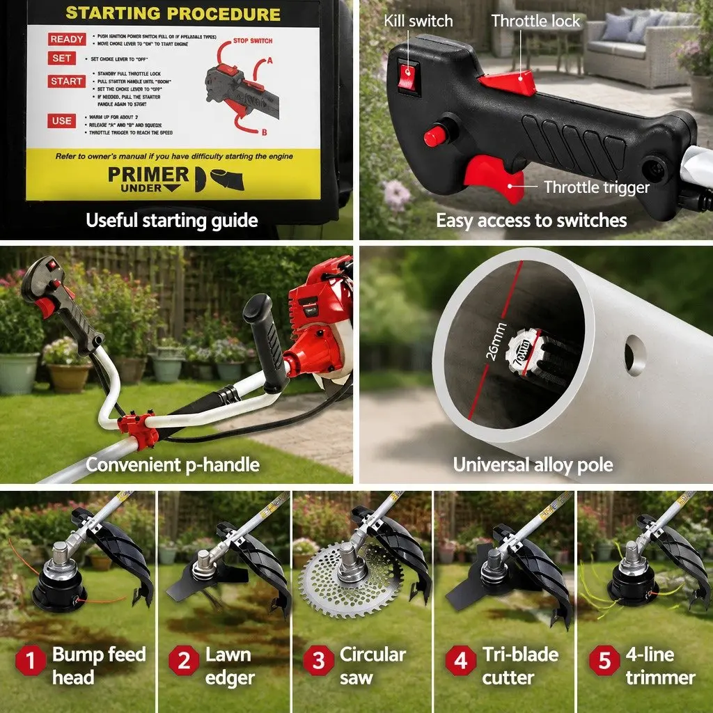Pole Chainsaw Multi-Tool Petrol Hedge Trimmer 52cc Red 5 in 1 with Circular Saw Brush Cutter and Whipper Snipper