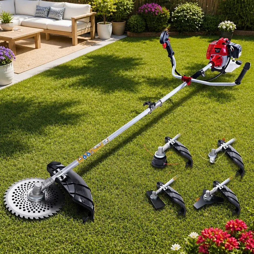 Pole Chainsaw Multi-Tool Petrol Hedge Trimmer 52cc Red 5 in 1 with Circular Saw Brush Cutter and Whipper Snipper