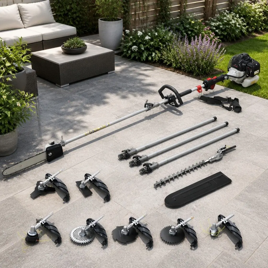 Pole Chainsaw Multi Tool 9 in 1 65cc Petrol with Hedge Trimmer Brush Cutter Whipper Snipper Extension Poles Silver Black