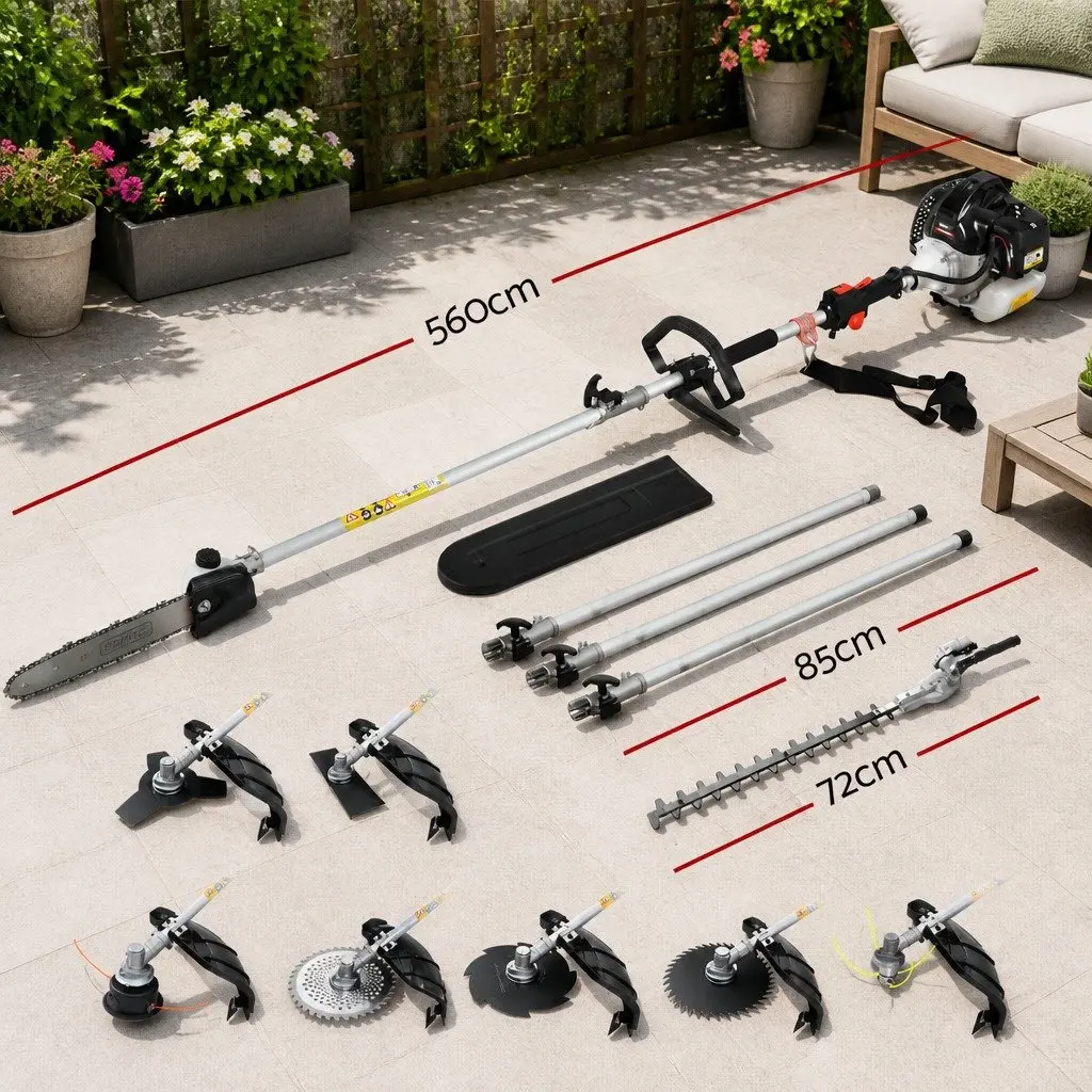 Pole Chainsaw Multi Tool 9 in 1 65cc Petrol with Hedge Trimmer Brush Cutter Whipper Snipper Extension Poles Silver Black