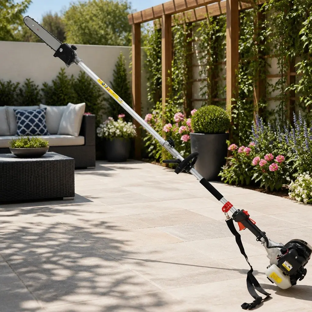 Pole Chainsaw Multi Tool 9 in 1 65cc Petrol with Hedge Trimmer Brush Cutter Whipper Snipper Extension Poles Silver Black