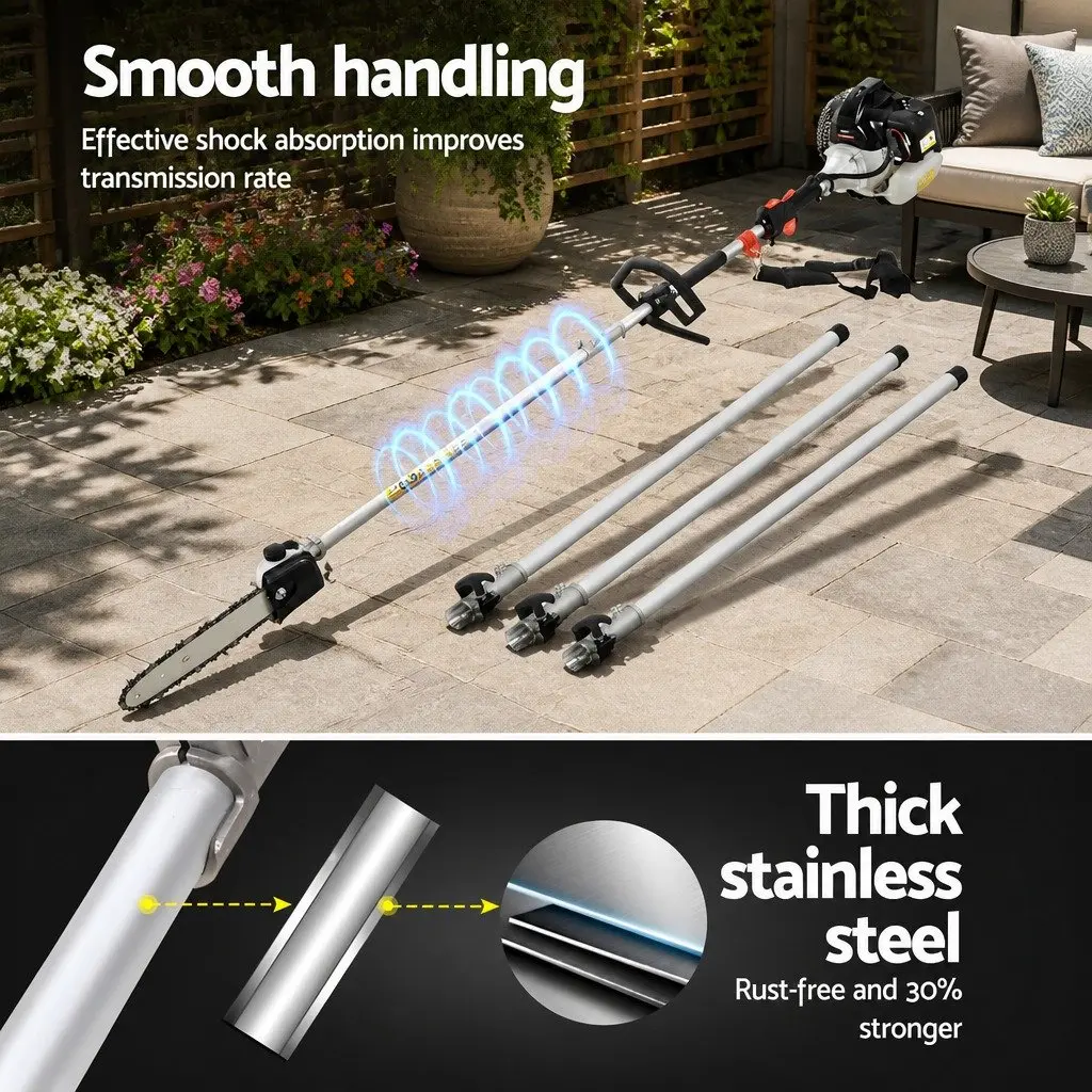 Pole Chainsaw Multi Tool 9 in 1 65cc Petrol with Hedge Trimmer Brush Cutter Whipper Snipper Extension Poles Silver Black