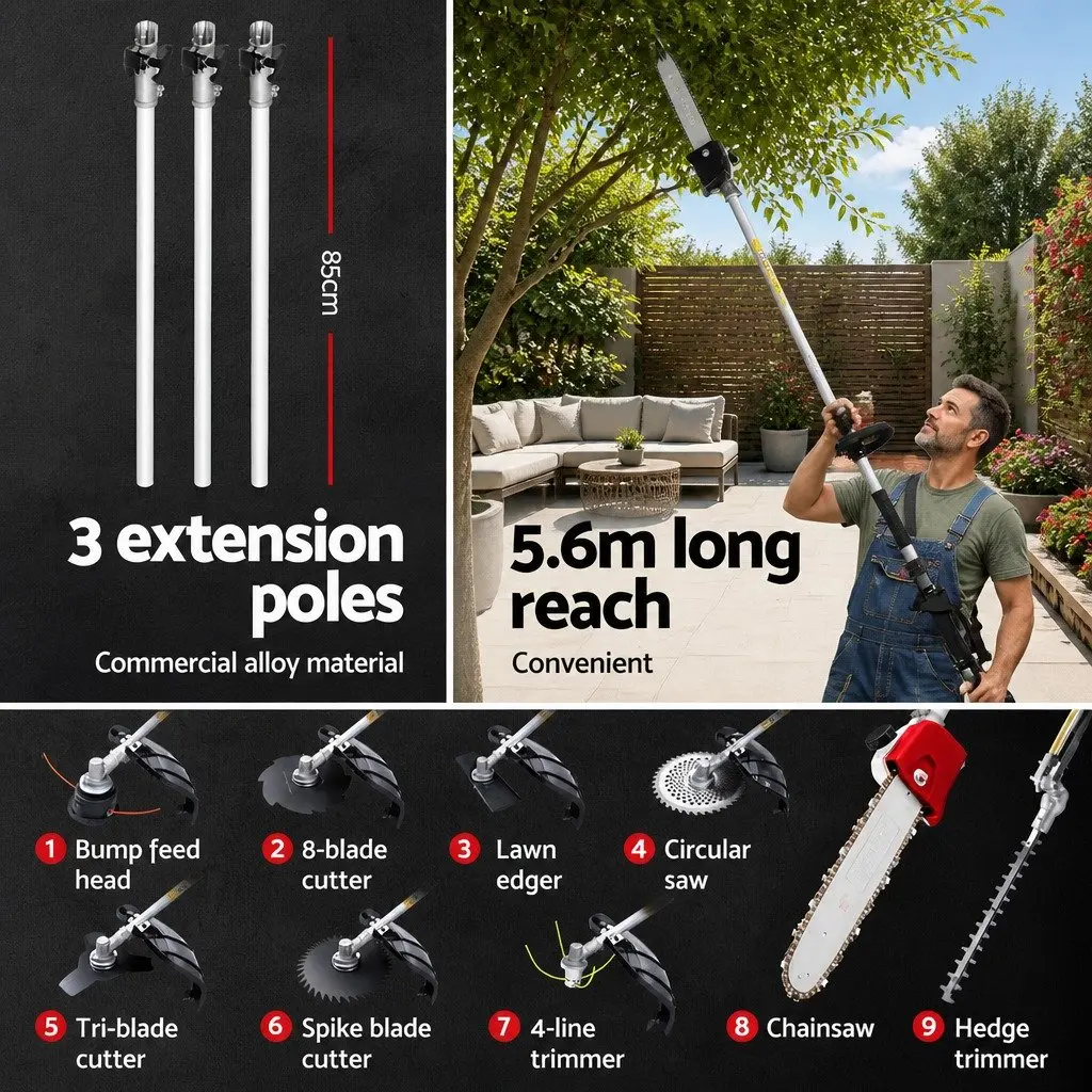 Pole Chainsaw Multi Tool 9 in 1 65cc Petrol with Hedge Trimmer Brush Cutter Whipper Snipper Extension Poles Silver Black