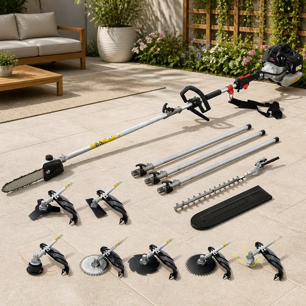 Pole Chainsaw Multi Tool 9 in 1 65cc Petrol with Hedge Trimmer Brush Cutter Whipper Snipper Extension Poles Silver Black