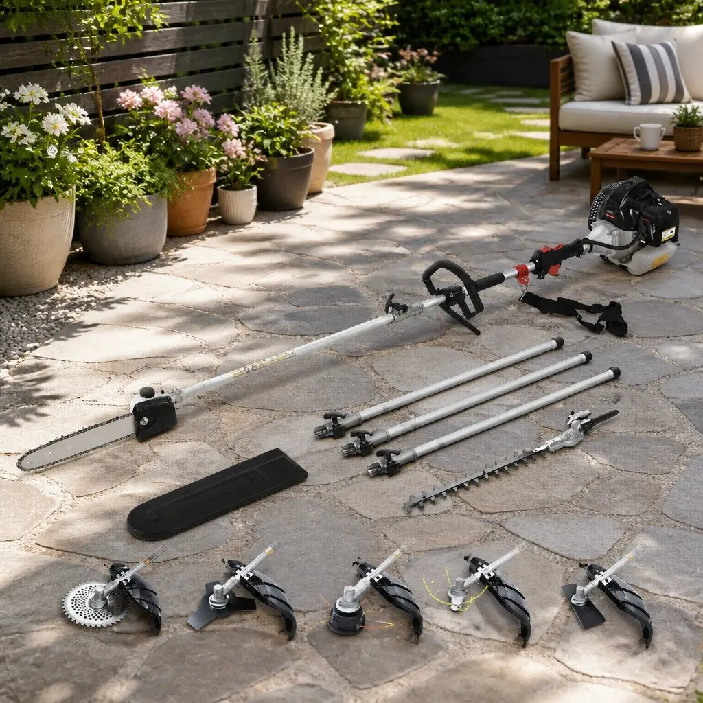 65CC Petrol Multi-Tool Gardening System Pole Chainsaw Hedge Trimmer Brush Cutter Whipper Snipper with Three Extension Poles Silver Black
