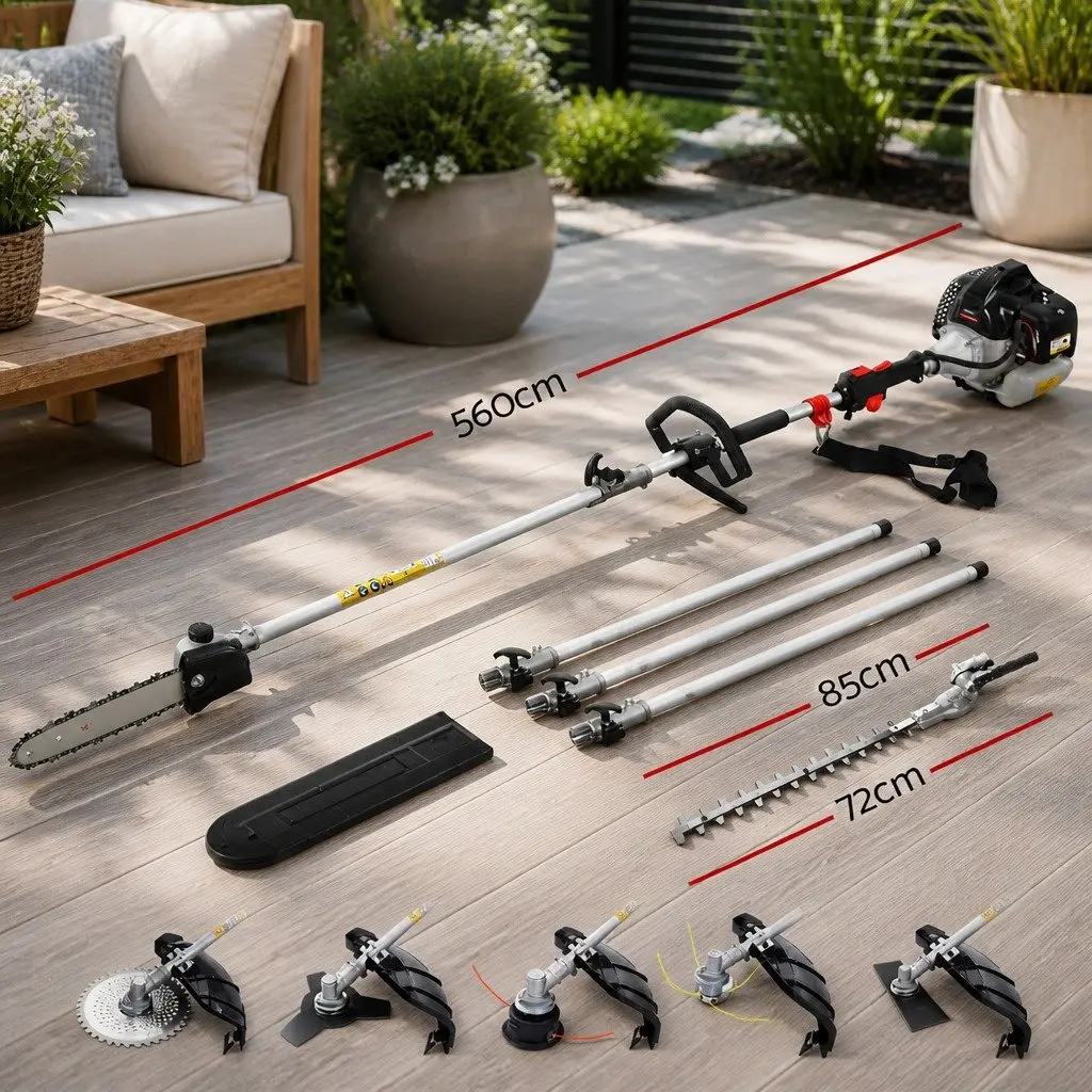 65CC Petrol Multi-Tool Gardening System Pole Chainsaw Hedge Trimmer Brush Cutter Whipper Snipper with Three Extension Poles Silver Black