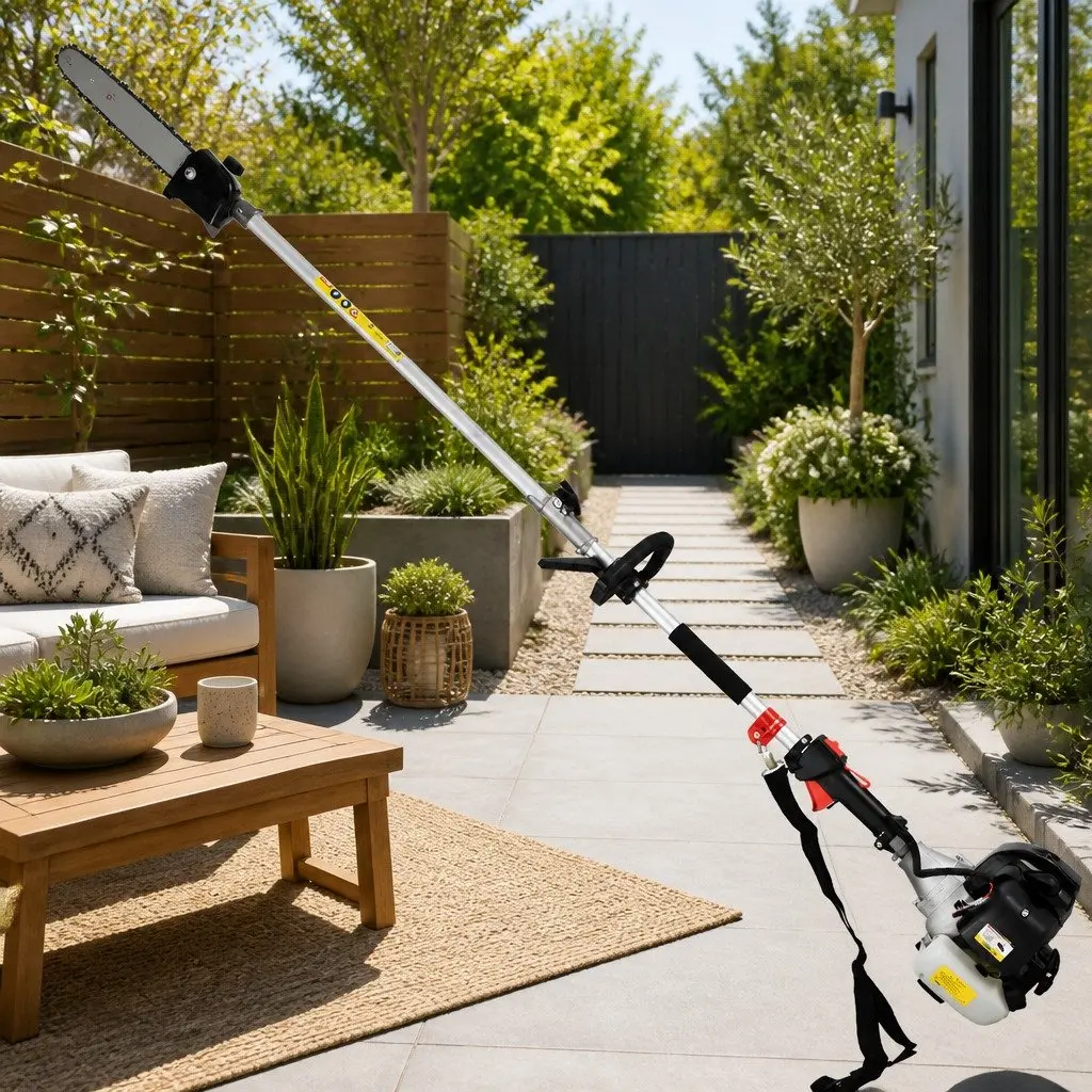 65CC Petrol Multi-Tool Gardening System Pole Chainsaw Hedge Trimmer Brush Cutter Whipper Snipper with Three Extension Poles Silver Black