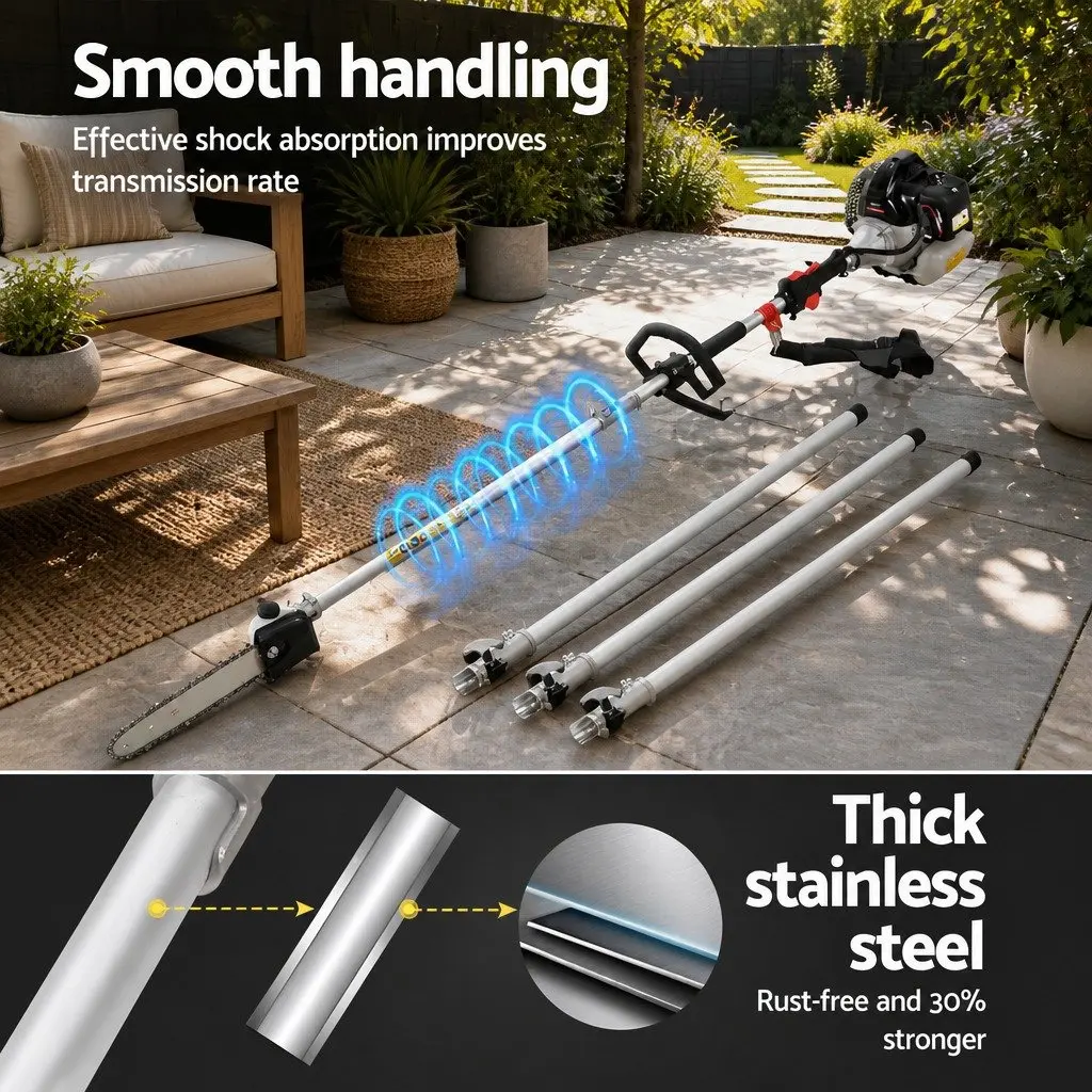 65CC Petrol Multi-Tool Gardening System Pole Chainsaw Hedge Trimmer Brush Cutter Whipper Snipper with Three Extension Poles Silver Black