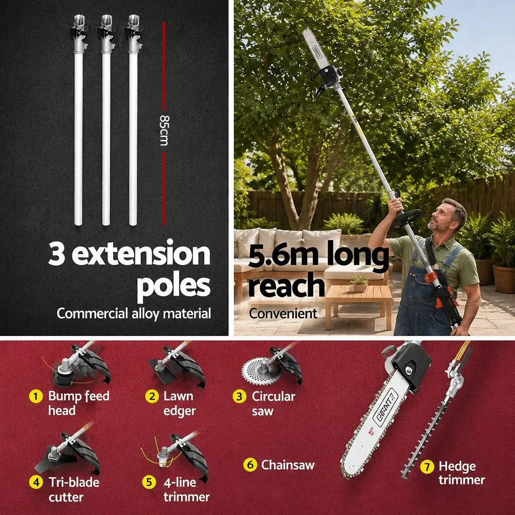 65CC Petrol Multi-Tool Gardening System Pole Chainsaw Hedge Trimmer Brush Cutter Whipper Snipper with Three Extension Poles Silver Black