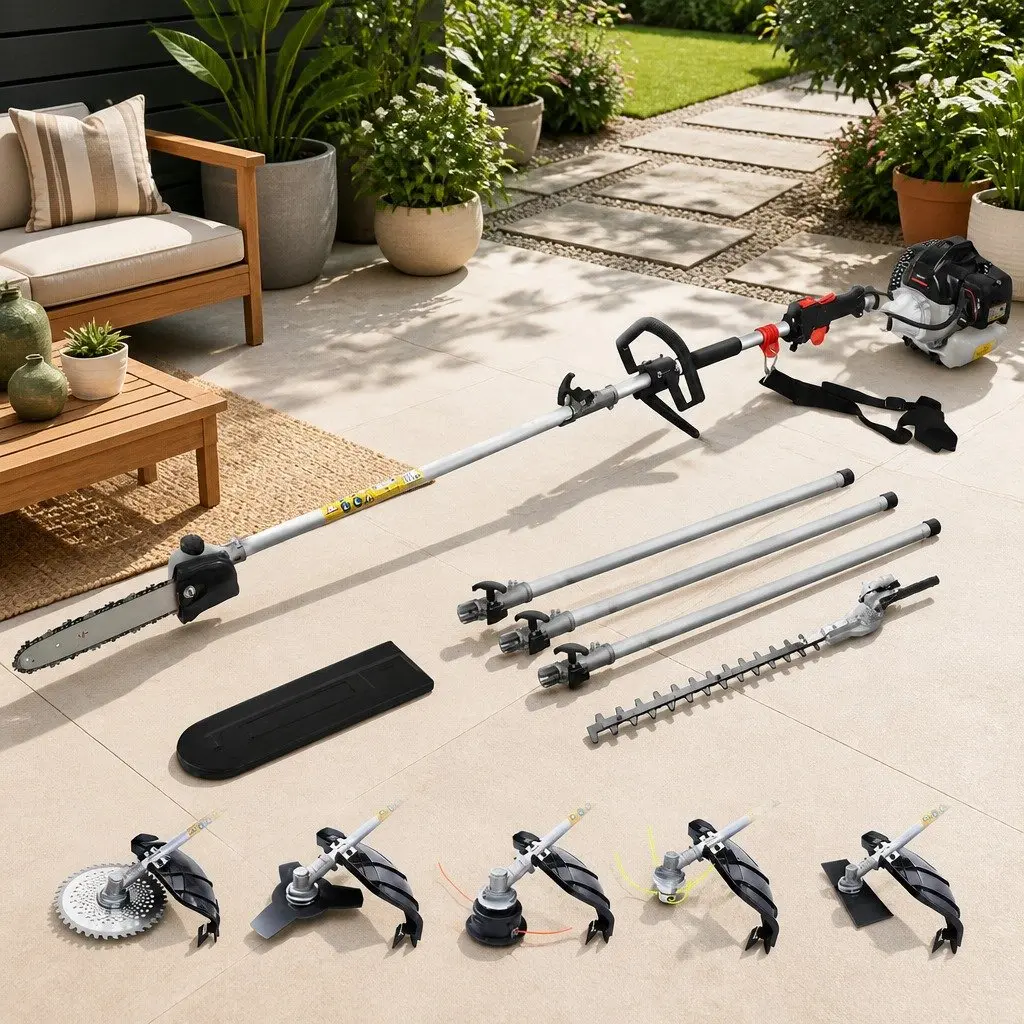 65CC Petrol Multi-Tool Gardening System Pole Chainsaw Hedge Trimmer Brush Cutter Whipper Snipper with Three Extension Poles Silver Black