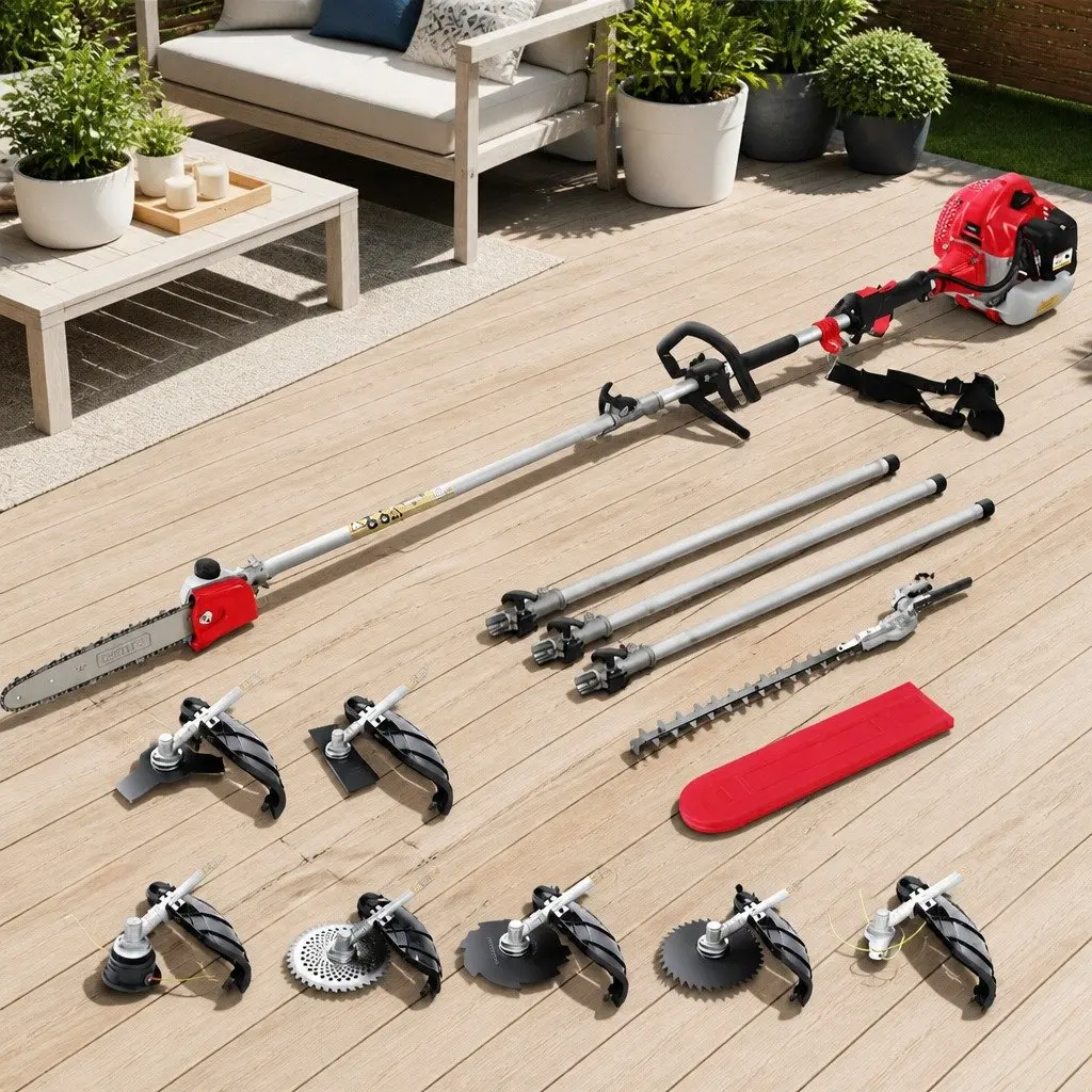 65CC Multi Tool Petrol Pole Chainsaw Hedge Trimmer Brush Cutter Whipper Snipper 9 Piece Red Black