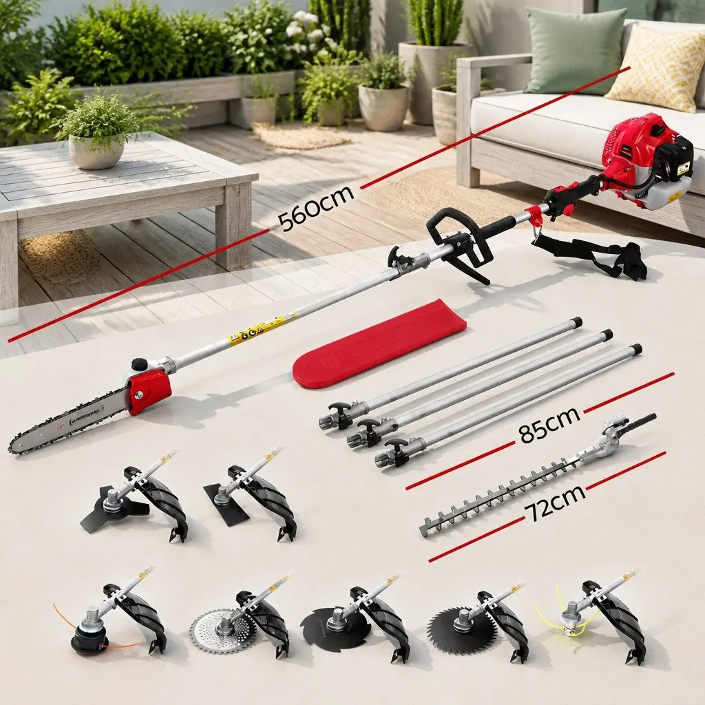 65CC Multi Tool Petrol Pole Chainsaw Hedge Trimmer Brush Cutter Whipper Snipper 9 Piece Red Black