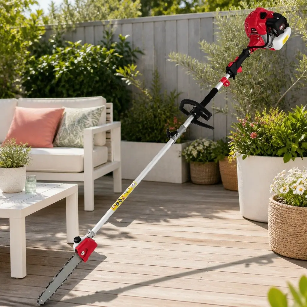 65CC Multi Tool Petrol Pole Chainsaw Hedge Trimmer Brush Cutter Whipper Snipper 9 Piece Red Black
