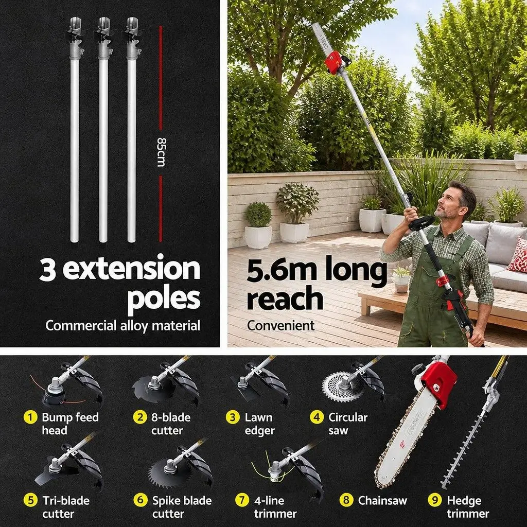 65CC Multi Tool Petrol Pole Chainsaw Hedge Trimmer Brush Cutter Whipper Snipper 9 Piece Red Black