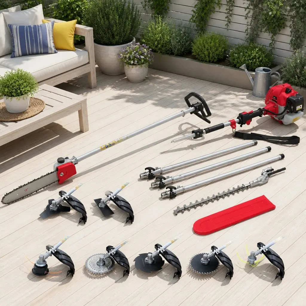 65CC Multi Tool Petrol Pole Chainsaw Hedge Trimmer Brush Cutter Whipper Snipper 9 Piece Red Black