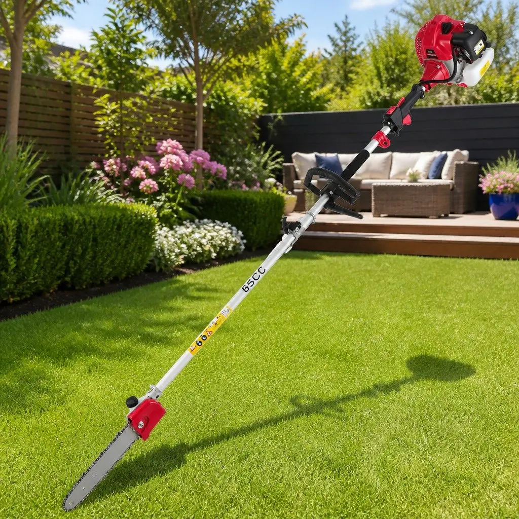 65CC Garden Multi Tool Petrol Chainsaw Hedge Trimmer Brush Cutter Whipper Snipper with 3 Extension Poles Red and Black