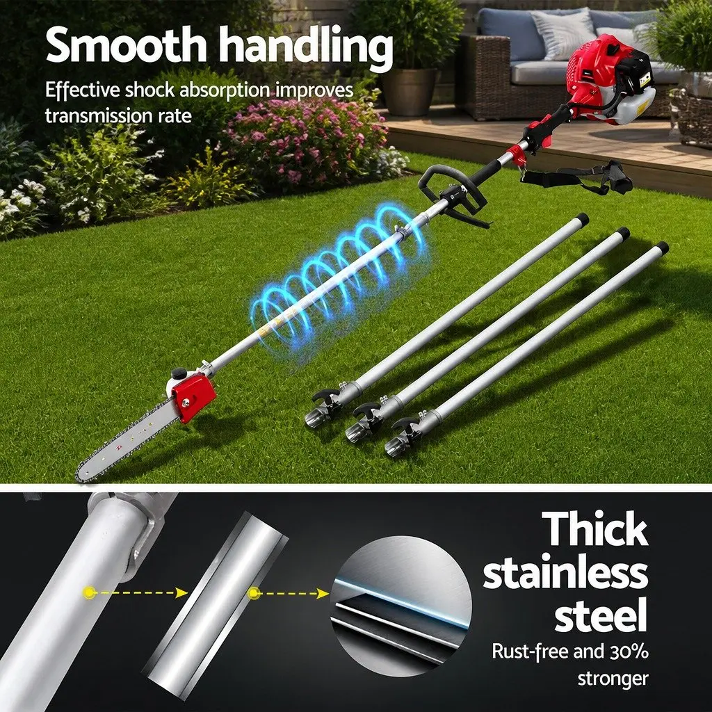 65CC Garden Multi Tool Petrol Chainsaw Hedge Trimmer Brush Cutter Whipper Snipper with 3 Extension Poles Red and Black