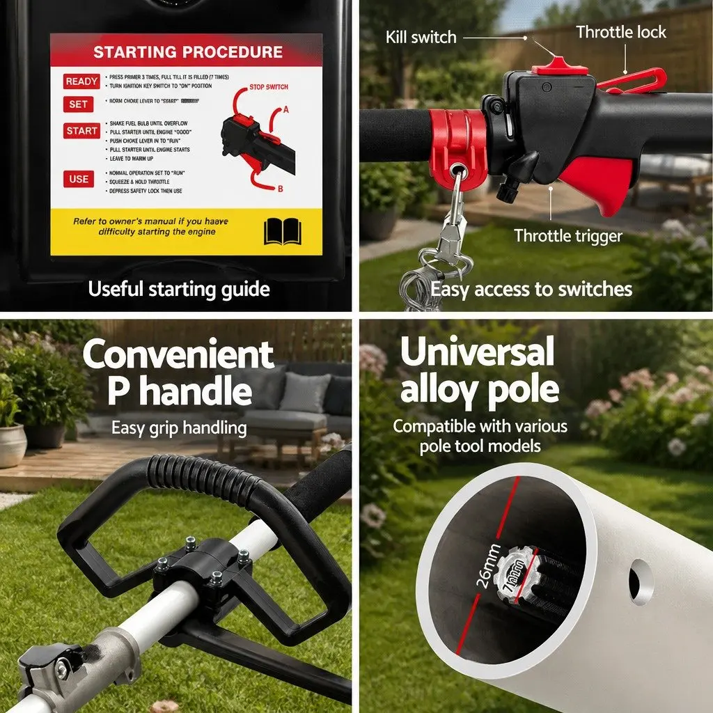 65CC Garden Multi Tool Petrol Chainsaw Hedge Trimmer Brush Cutter Whipper Snipper with 3 Extension Poles Red and Black