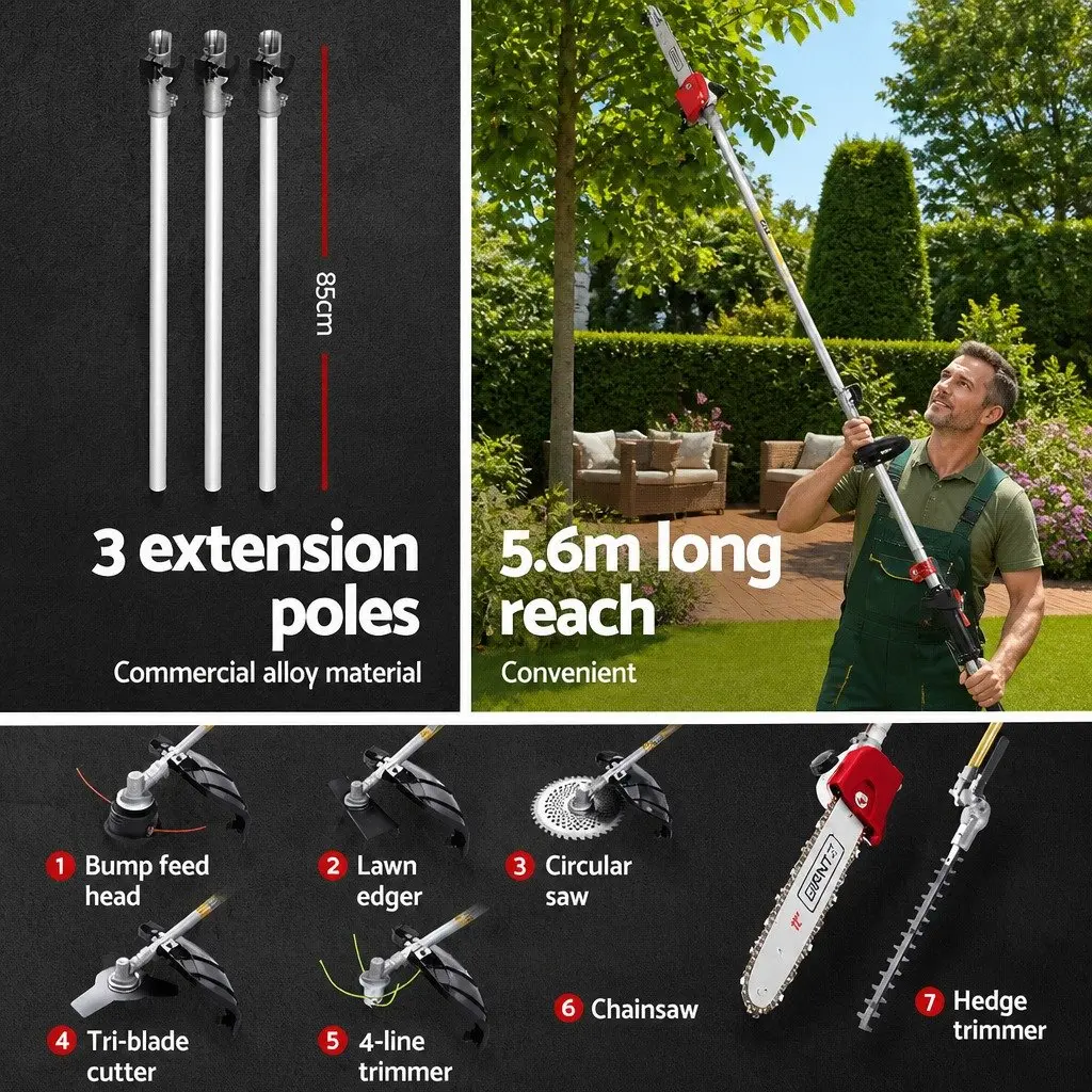 65CC Garden Multi Tool Petrol Chainsaw Hedge Trimmer Brush Cutter Whipper Snipper with 3 Extension Poles Red and Black