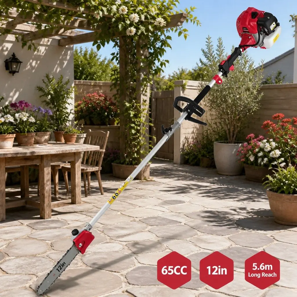 Pole Chainsaw Petrol 65CC 12in Red or Black 5.6m Reach Extension Pruning Tool