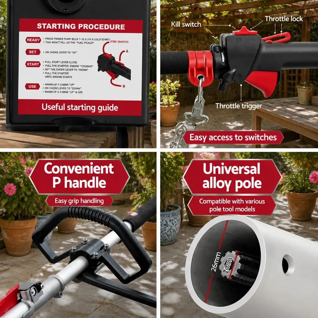 Pole Chainsaw Petrol 65CC 12in Red or Black 5.6m Reach Extension Pruning Tool