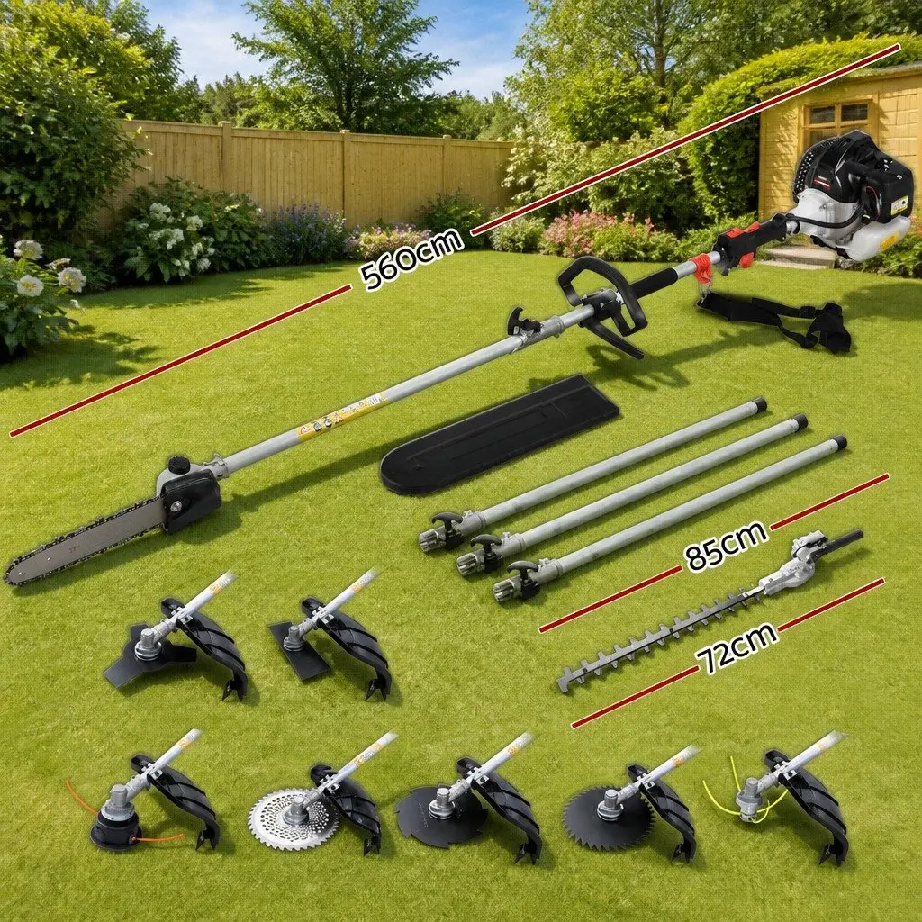62CC Petrol Chainsaw Hedge Trimmer Brush Cutter Whipper Snipper 9-in-1 Garden Tool Silver Black