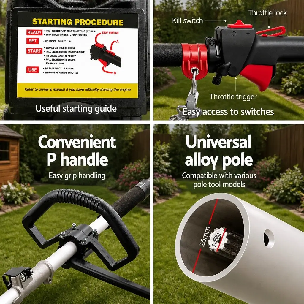 62CC Petrol Chainsaw Hedge Trimmer Brush Cutter Whipper Snipper 9-in-1 Garden Tool Silver Black