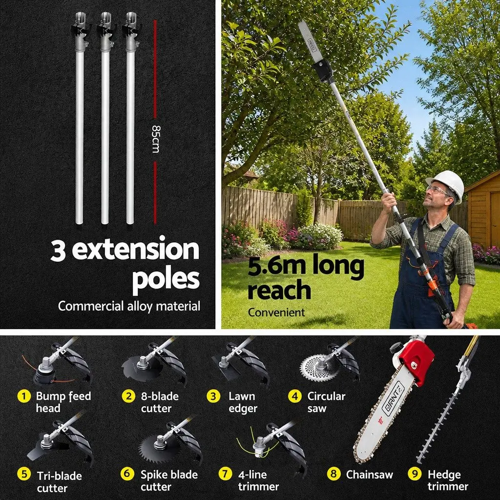 62CC Petrol Chainsaw Hedge Trimmer Brush Cutter Whipper Snipper 9-in-1 Garden Tool Silver Black