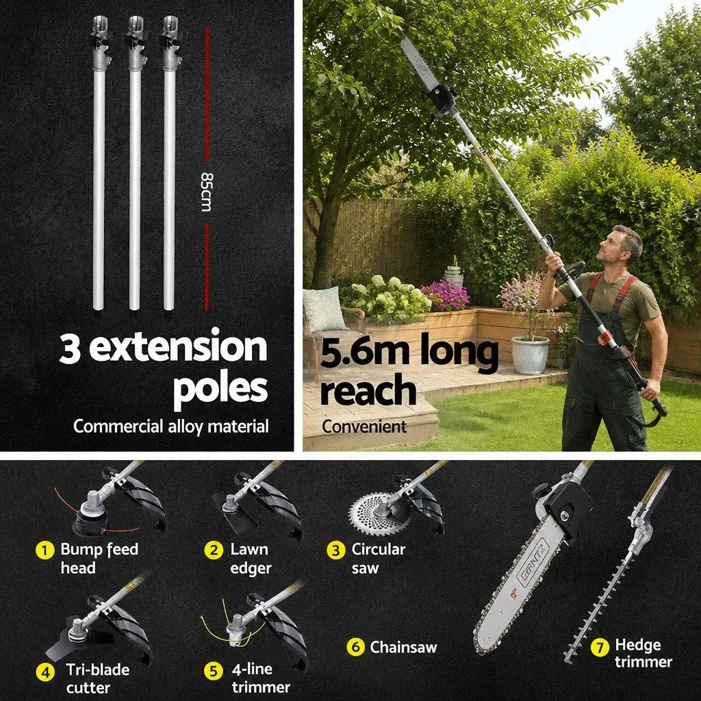 62cc Pole Chainsaw Multi-Tool System 7-in-1 Petrol Garden Tool Black 5.6m Reach