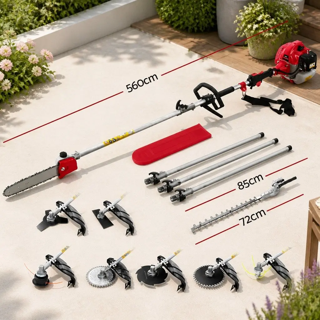 62CC Pole Chainsaw Hedge Trimmer Brush Cutter Whipper Snipper Multi Tool 5.6m Red Black